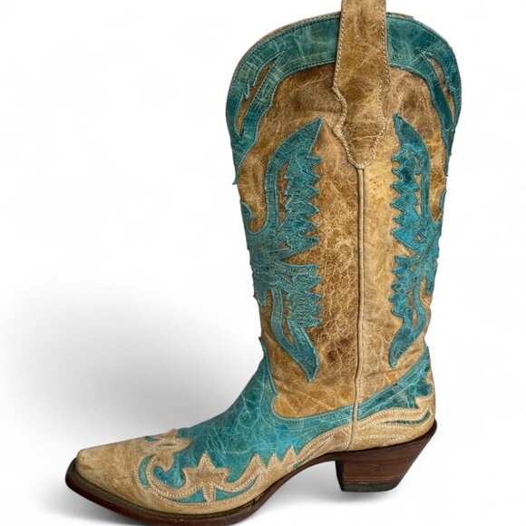 Corral Women's Leather Turquoise Tan Snip Toe Cowgirl Western Cowboy Boots 8 M - Picture 8 of 14